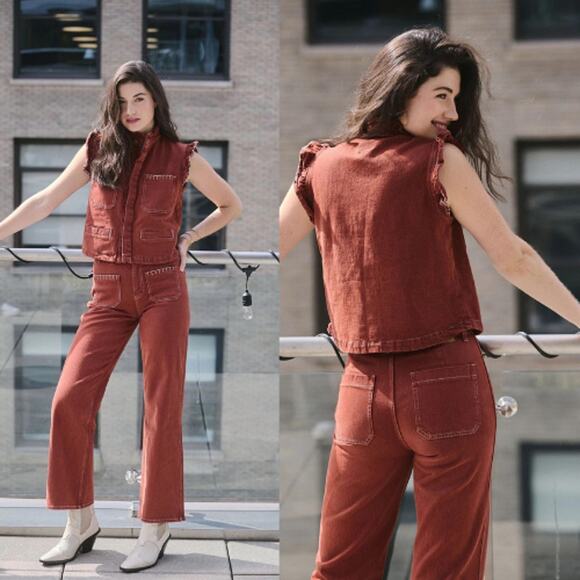 NWT Seventy + Mochi Mabel Jean Patch Pocket High Rise Wide Leg Dark Rust - Picture 1 of 8